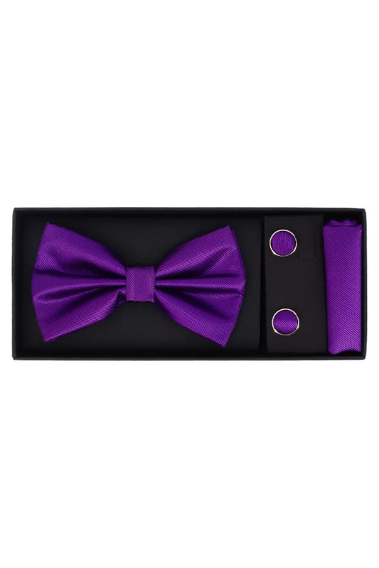 Set Papion pentru barbati cu butoni si batista, aspect texturat, NO2034, 6.5 x 12 cm, Mov