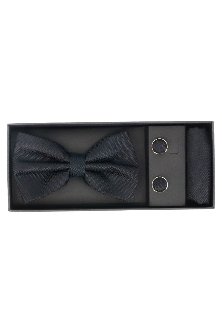 Set Papion pentru barbati cu butoni si batista, aspect texturat, NO2035, 6.5 x 12 cm, Negru