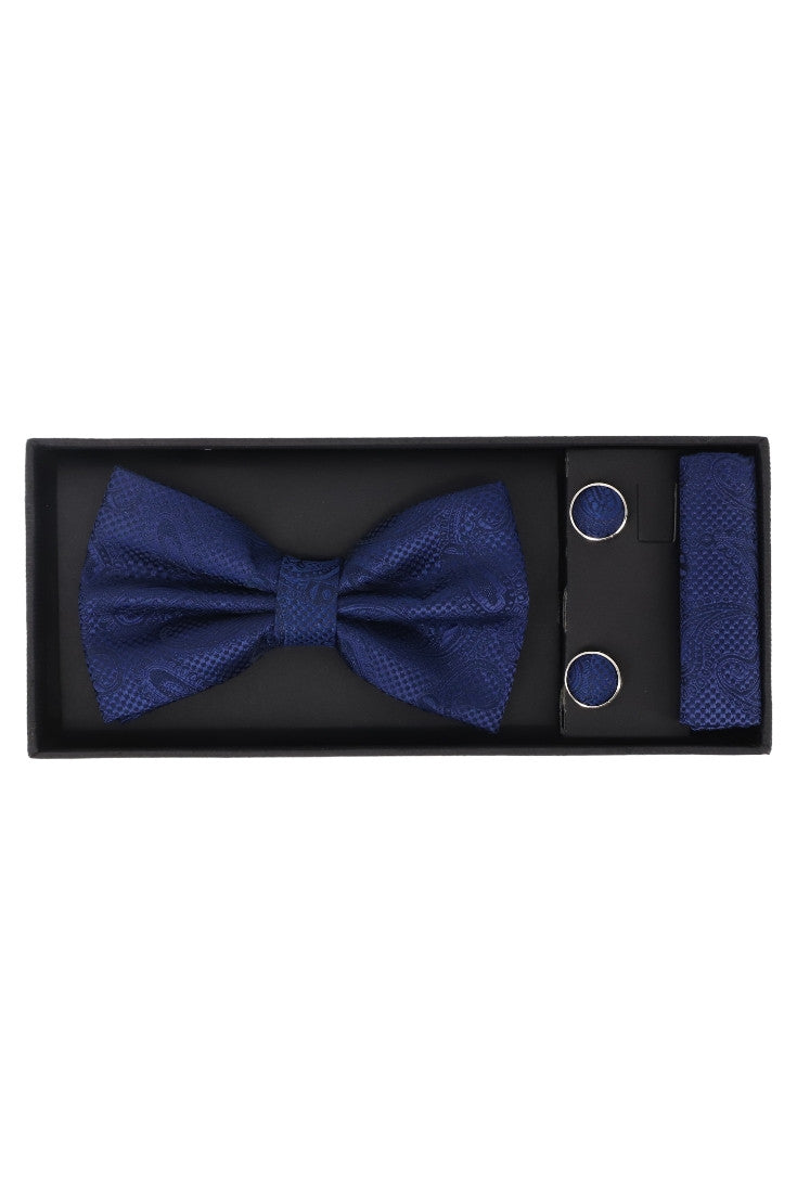 Set Papion pentru barbati cu butoni si batista, aspect texturat, NO2036, 6.5 x 12 cm, Bleumarin
