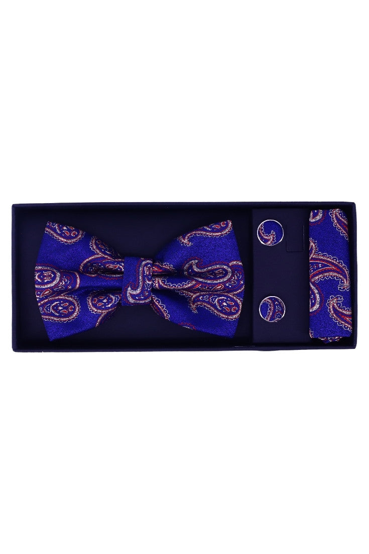 Set Papion pentru barbati cu butoni si batista, aspect texturat, NO2037, 6.5 x 12 cm, Bleumarin