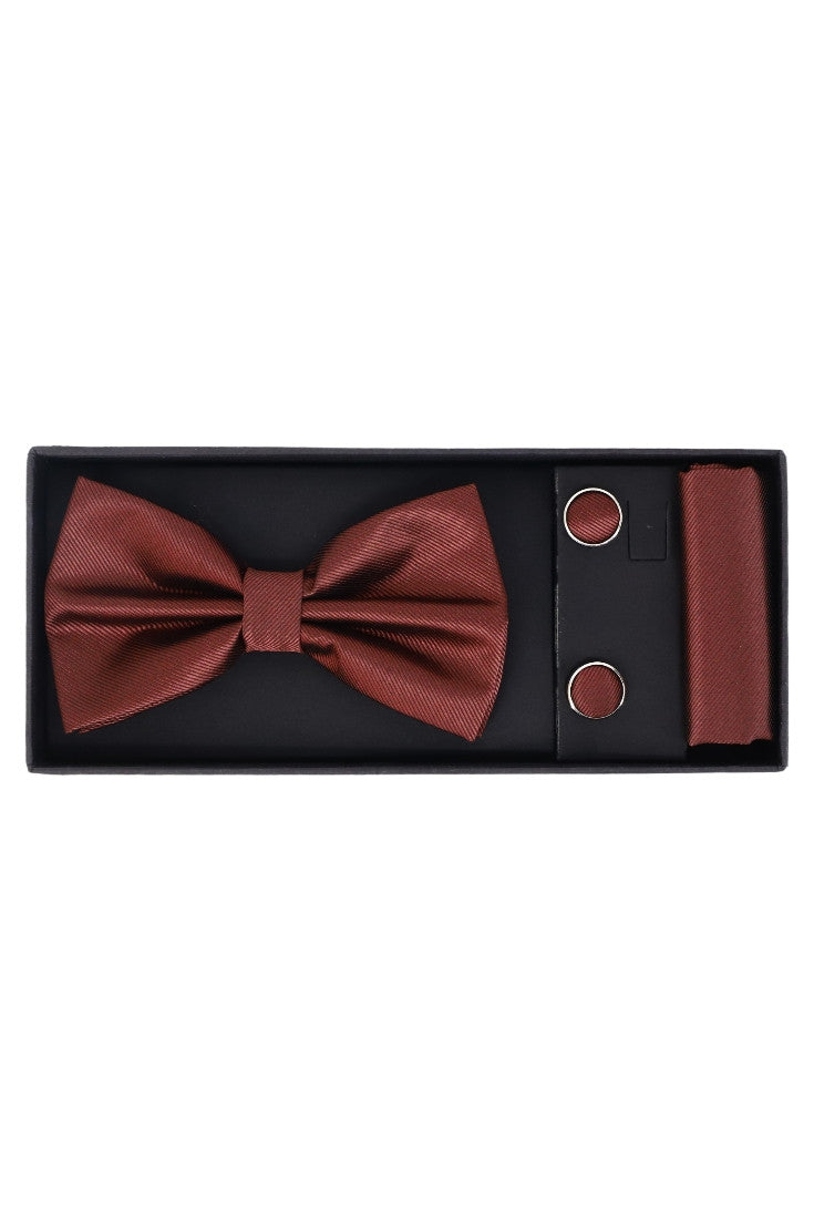 Set Papion pentru barbati cu butoni si batista, aspect texturat, NO2039, 6.5 x 12 cm, Maro