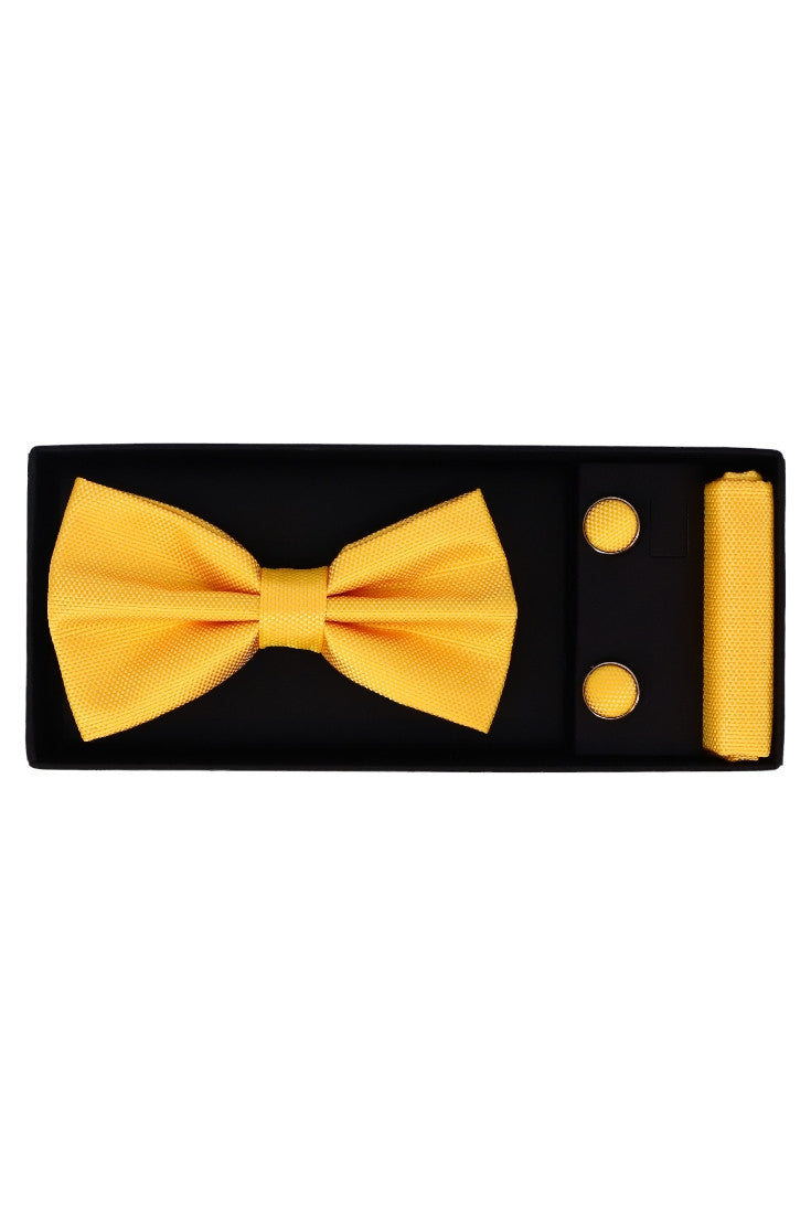 Set Papion pentru barbati cu butoni si batista, aspect texturat, NO2045, 6.5 x 12 cm, Galben