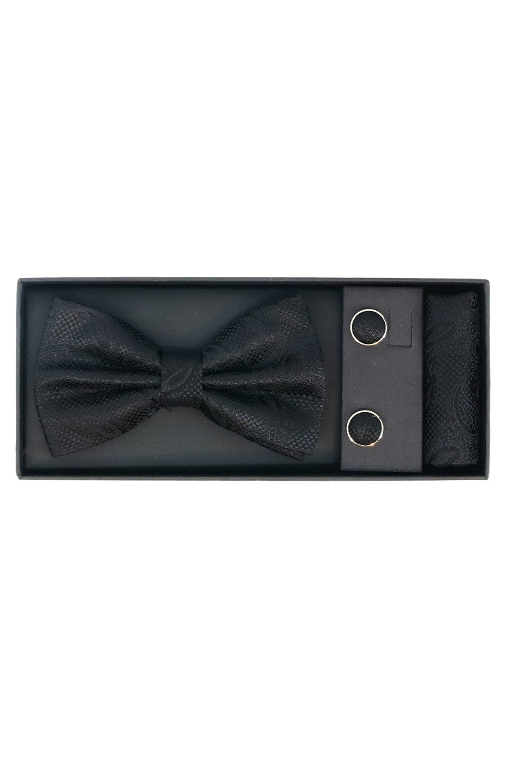 Set Papion pentru barbati cu butoni si batista, aspect texturat, NO2046, 6.5 x 12 cm, Negru
