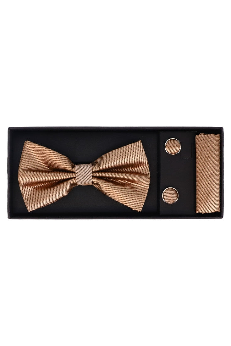 Set Papion pentru barbati cu butoni si batista, aspect texturat, NO2050, 6.5 x 12 cm, Maro