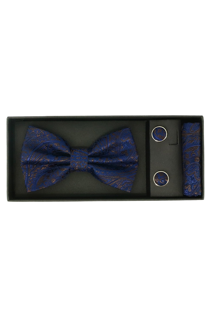 Set Papion pentru barbati cu butoni si batista, aspect texturat, NO2053, 6.5 x 12 cm, Bleumarin