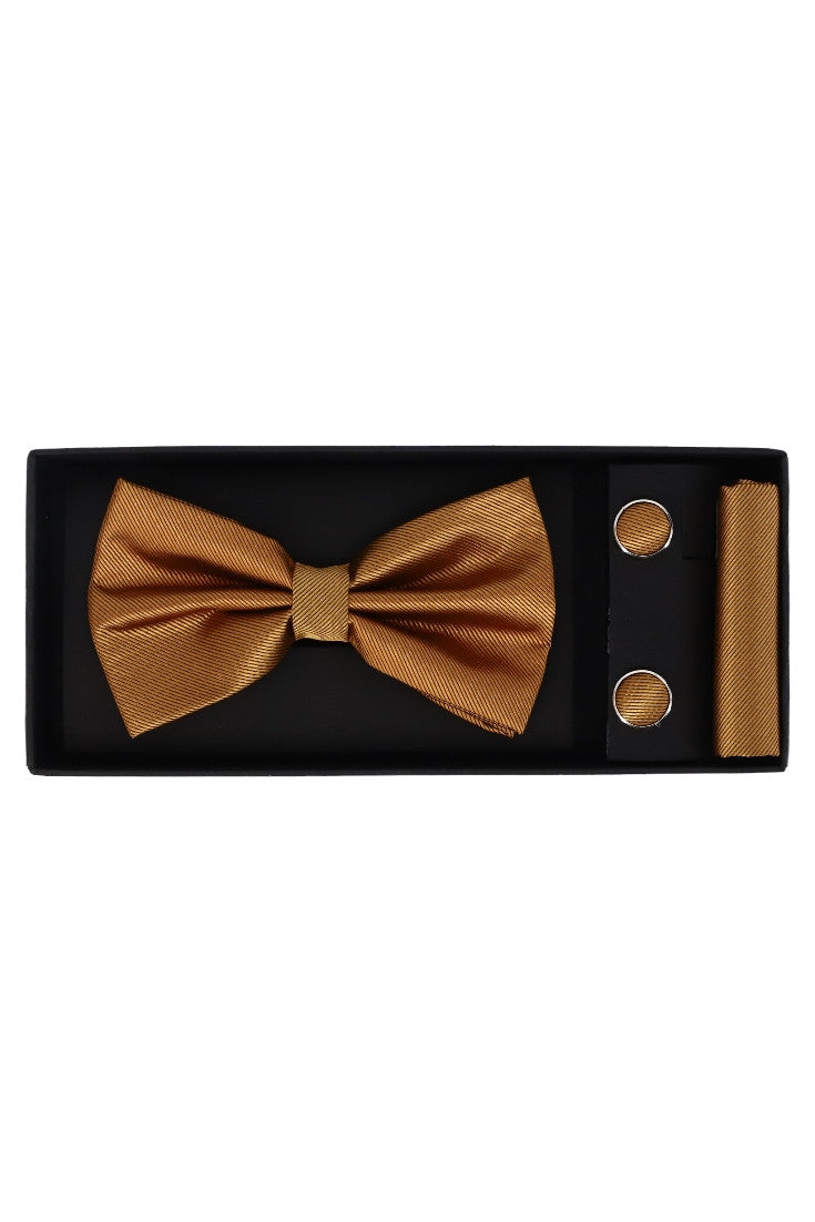 Set Papion pentru barbati cu butoni si batista, aspect texturat, NO2055, 6.5 x 12 cm, Maro