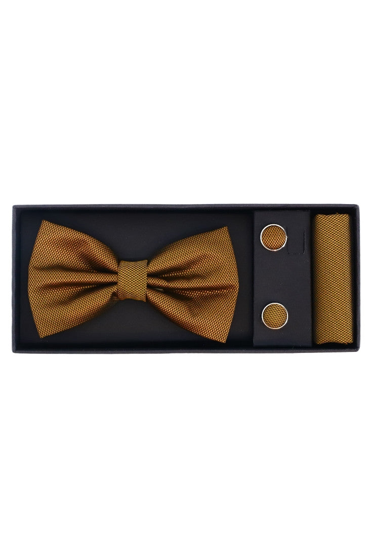 Set Papion pentru barbati cu butoni si batista, aspect texturat, NO2057, 6.5 x 12 cm, Maro