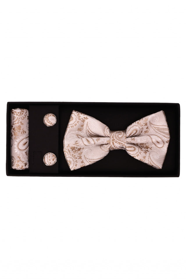 Set Papion pentru barbati cu butoni si batista, aspect texturat, imprimeu floral, NO1447, 6.5 x 12 cm, Bej