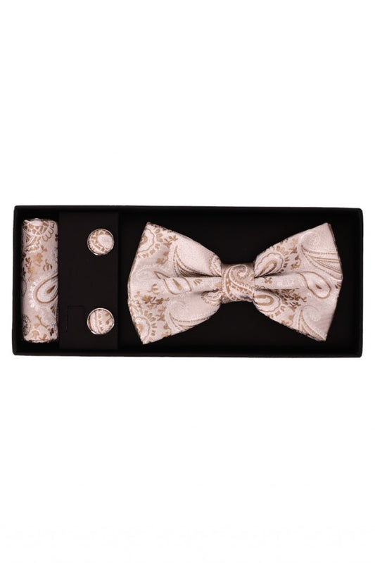 Set Papion pentru barbati cu butoni si batista, aspect texturat, imprimeu floral, NO1447, 6.5 x 12 cm, Bej