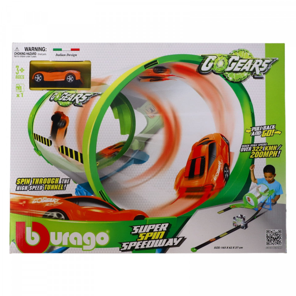 Set pista masini GO GEAR Super Spin, o masina inclusa, Tunel de viteza, Burago, NO6789, Multicolor