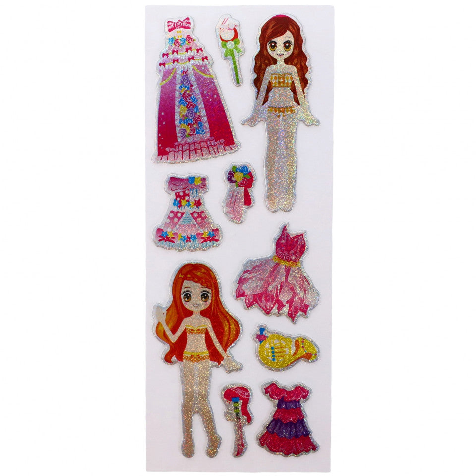 Set Sticker 3D pentru copii, Fetite cu rochite, 10 piese, CB337, 2.1 - 7 cm, Multicolor