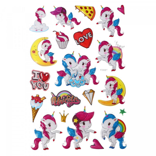 Set Sticker 3D pentru copii, Unicorni, 21 piese, Y-X001, 1 - 6 cm, Multicolor