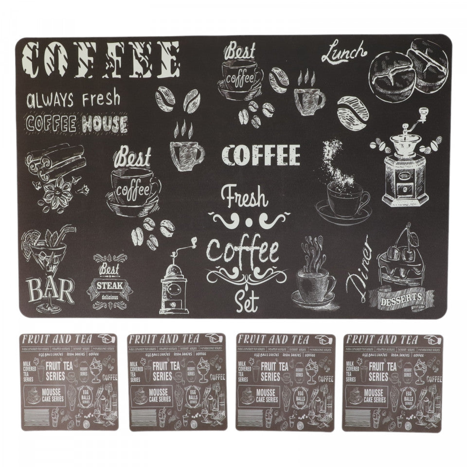 Set Suporturi pentru farfurie si pahare, Best Coffee, 12 piese, 10 x 10 / 28.2 x 43 cm, Negru