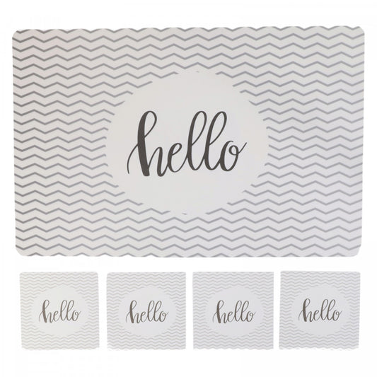 Set Suporturi pentru farfurie si pahare, Hello, 12 piese, 10 x 10 / 28.2 x 43 cm, Alb