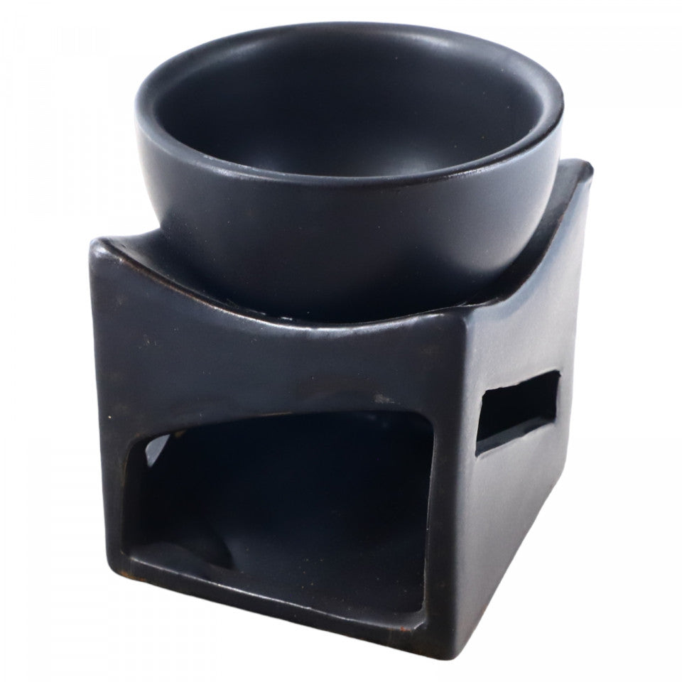 Suport pentru aromaterapie, din ceramica, difuzor pentru lumanari si uleiuri esentiale, Yin ��i Yang, AR100, 7 x 8.8 cm, Negru