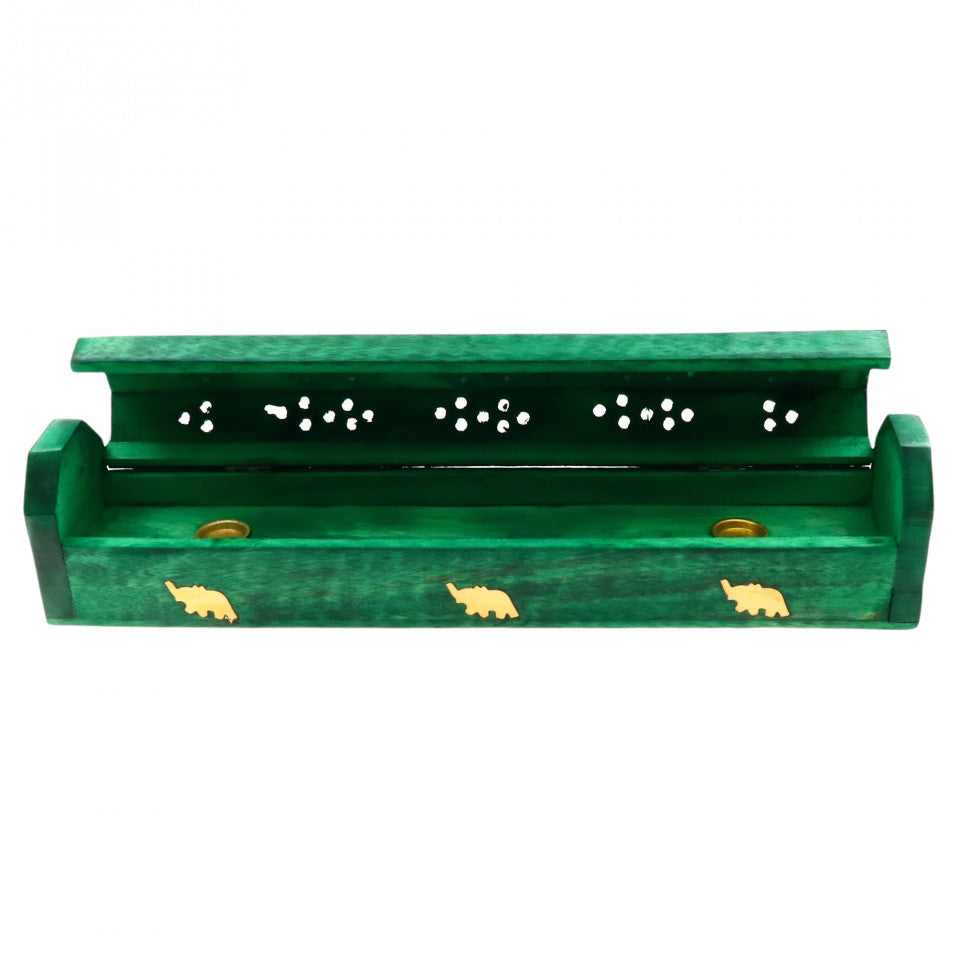 Suport pentru betisoare si conuri parfumate cu loc pentru depozitarea betisoarelor, din lemn, Feng Shui, 6.4 x 30.5 cm, Verde