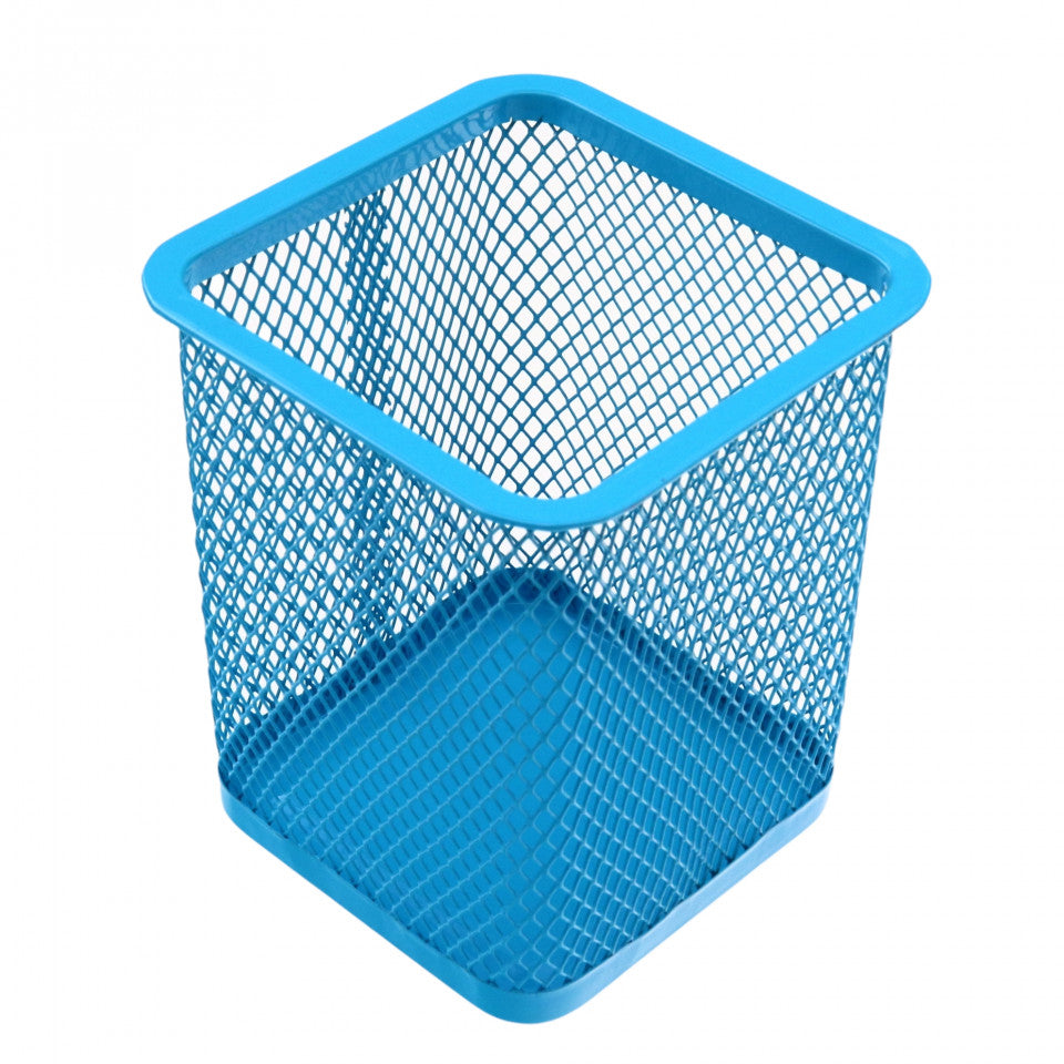 Suport pentru pixuri, forma patrat, metalic, 9.4 x 7.9 cm, Albastru