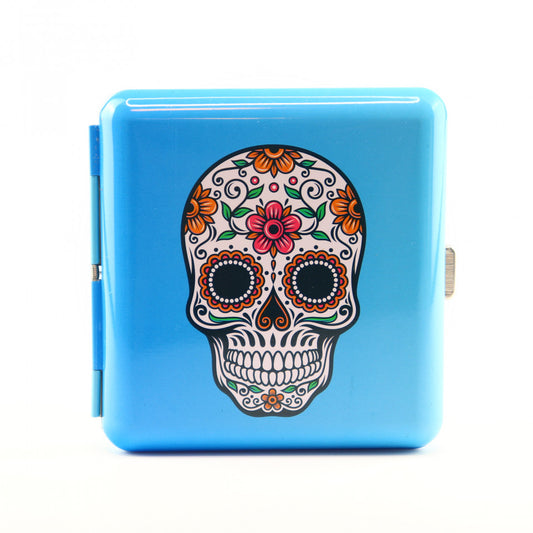 Tabachera metalica clasica cu craniu, 9.5 x 9.5 cm, Albastru