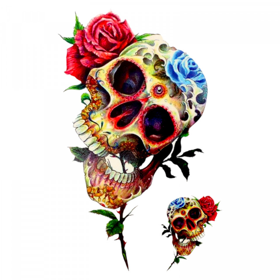 Tatuaj temporar, Craniul cu trandafir, THB-015, 13 x 20 cm, Multicolor