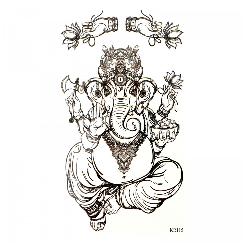 Tatuaj temporar, Elefantul Ganesha, KR115, 9.5 x 16.5 cm, Negru