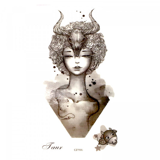 Tatuaj temporar, Zodia Taur, GF986, 9 x 16.5 cm, Negru