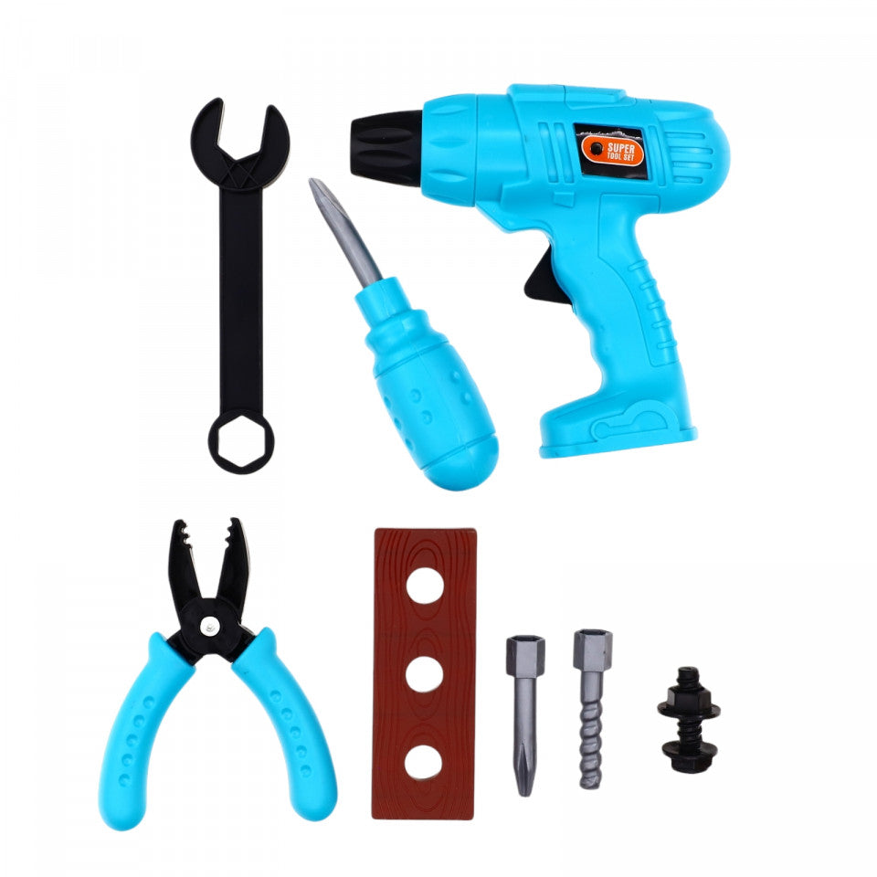 Trusa scule pentru copii, Tool Set, bormasina, patent, cheie, surubelnita si accesorii, 3 ani, Bleu